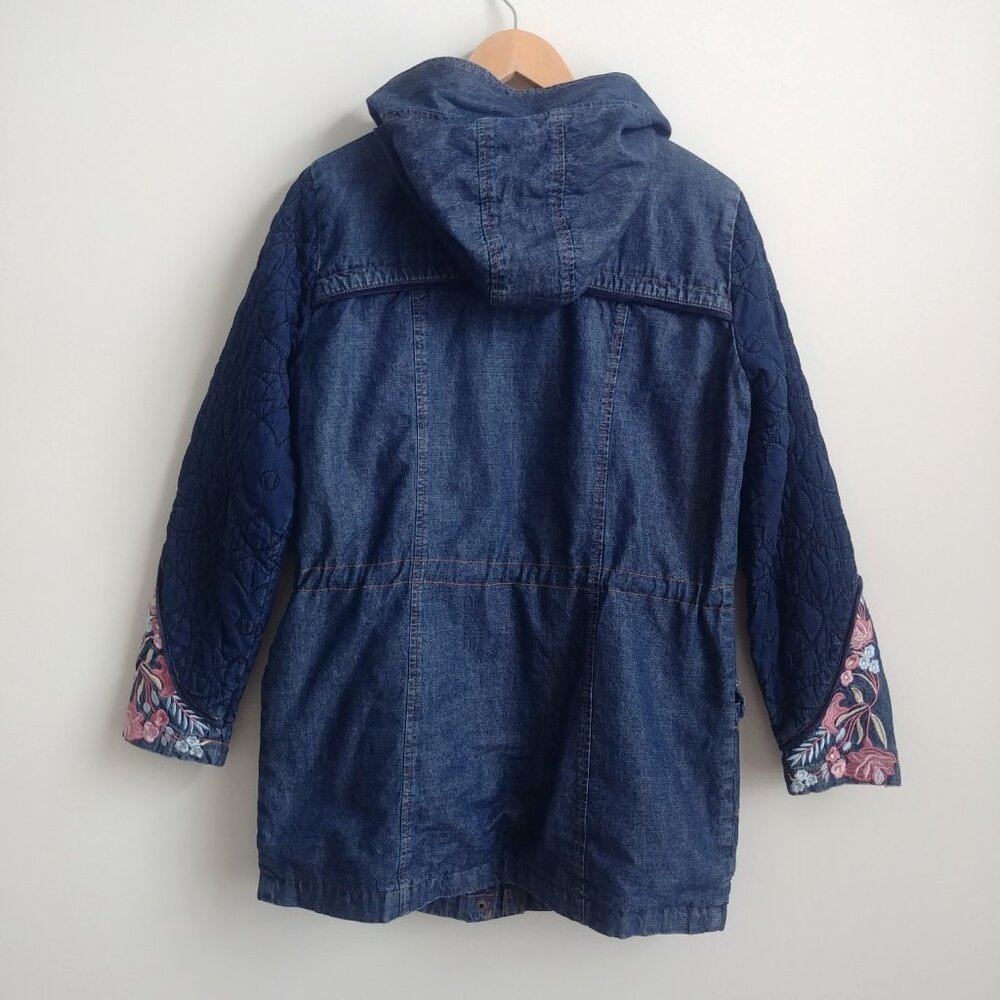 Desigual cotton denim embroidered parka style jacket blue quilted sleeves 10 - Picture 5 of 16